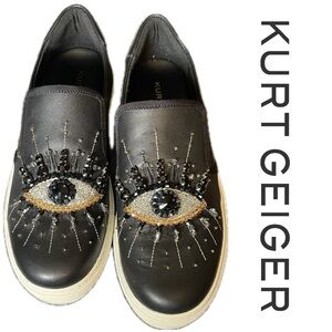 Kurt Geiger Evil Eye Rhinestone Gem Beaded Black Leather Slip Sneaker Shoe 8.5 8